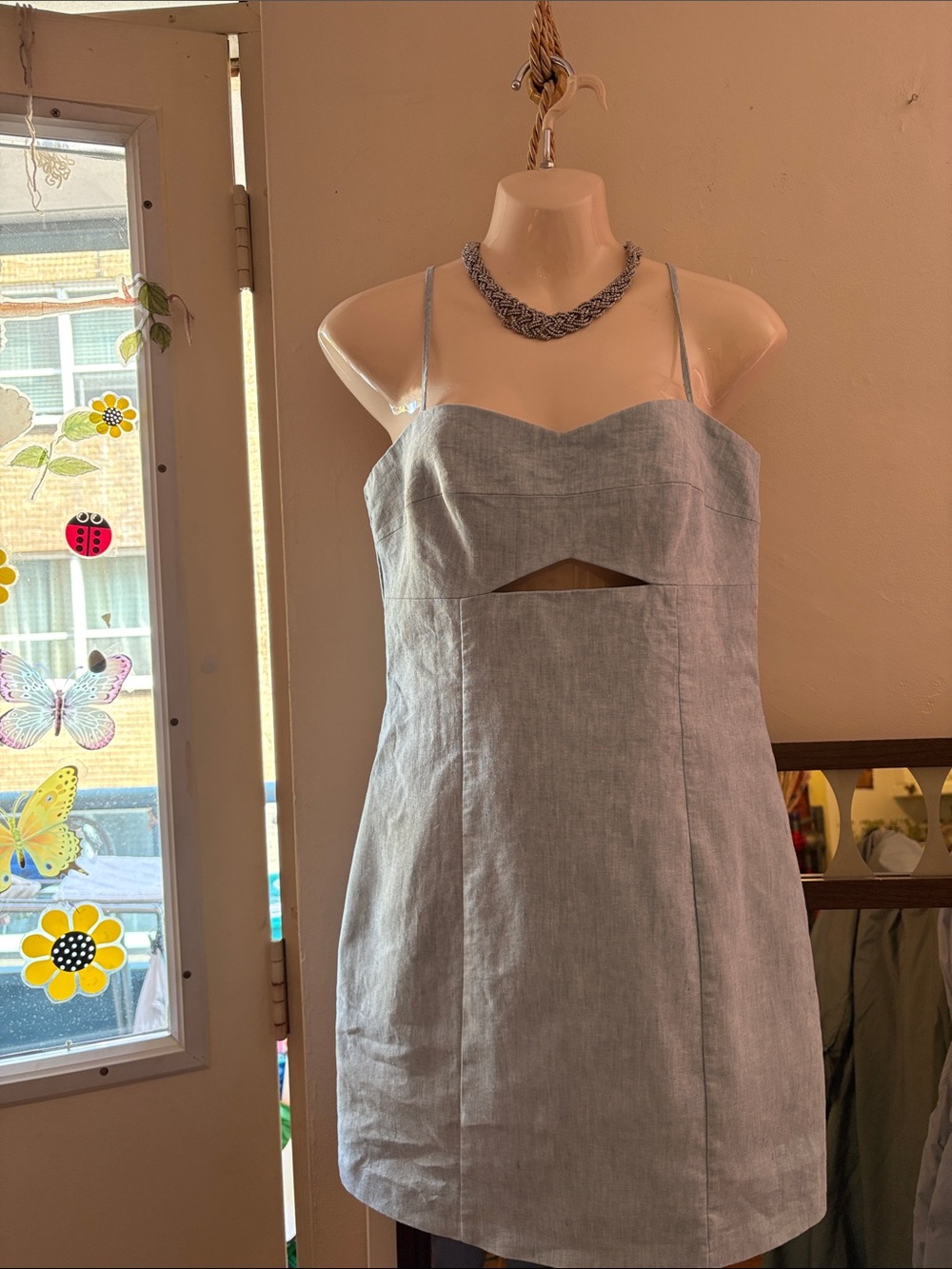 Mango Light Gray Mini Dress with Front Cutout. Linen. LYOCELL